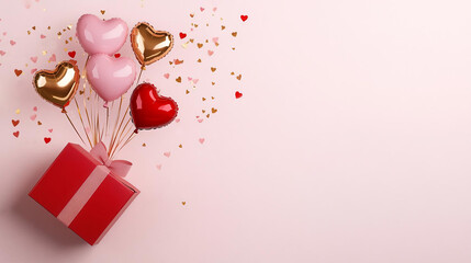 Gift boxes with heart balloon floating it the pink background with copy space . Happy Valentine's Day banner