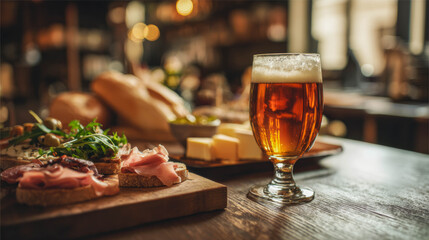 Refreshing amber beer in glass beside gourmet charcuterie board with fresh ingredients and bread