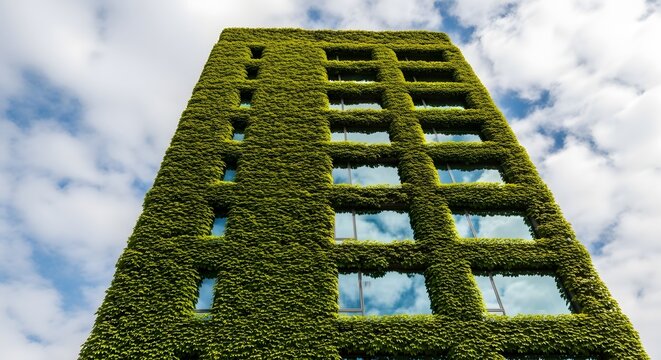 A tall building covered in lush green ivy climbing up its facade against a blue sky.
