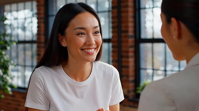 woman smiling during conversation