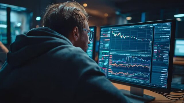 Medium shot of an analyst examining predictive software that forecasts judicial outcomes using past case data in a hightech law firm environment.