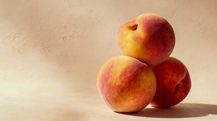 Fresh peaches stacked elegantly on a soft textured surface with warm natural lighting