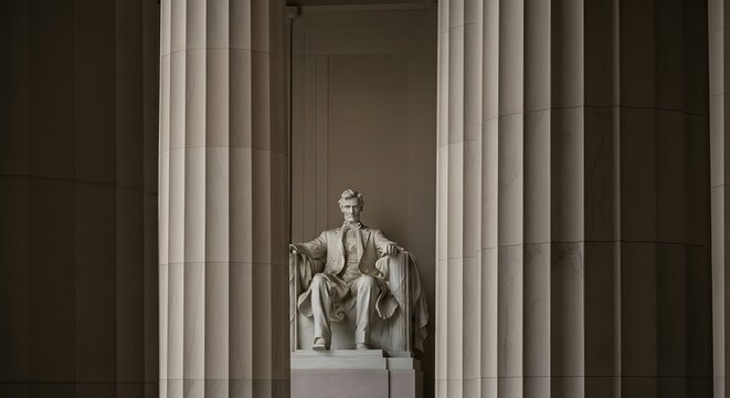Majestic statue of a seated figure in a grand hall with large columns