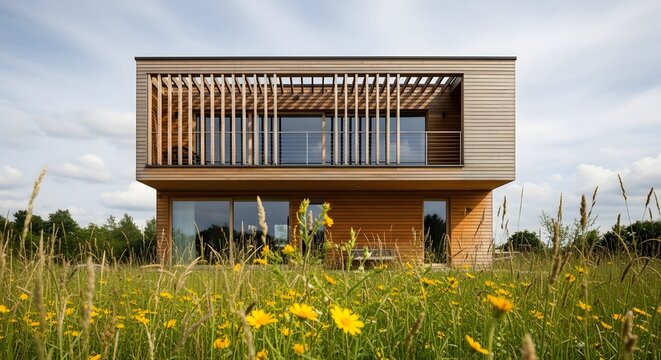 Modern house with wooden slats and large windows surrounded by a wildflower meadow.