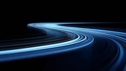 Fototapeta premium Abstract image of a glowing blue road against a black backdrop. The path curves, suggesting movement and speed