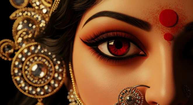 Close up portrait of Goddess Durga with traditional golden jewelry and red bindi