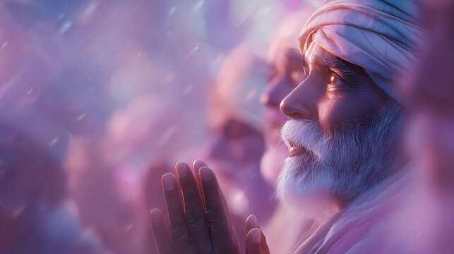 Devout elderly Indian man with white beard praying with folded hands in namaste