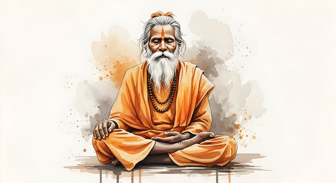 Bearded Indian ascetic sadhu sitting in meditation wearing orange robes