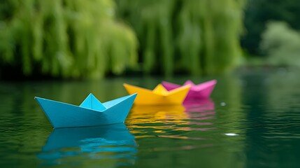 Fototapeta premium Three colorful paper boats drift on a calm pond surrounded by greenery in springtime