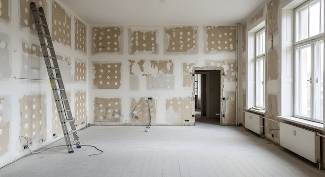 A spacious room with walls covered in hexagonal wallpaper patterns and a ladder.