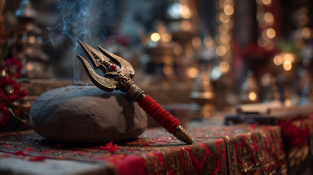 Sacred metal trident trishul weapon resting on stone with incense smoke