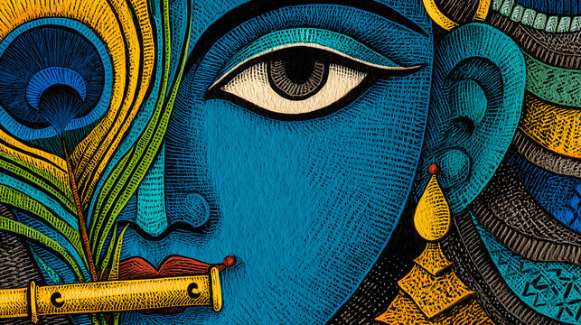 Close up of blue Hindu god Krishna face playing a golden flute