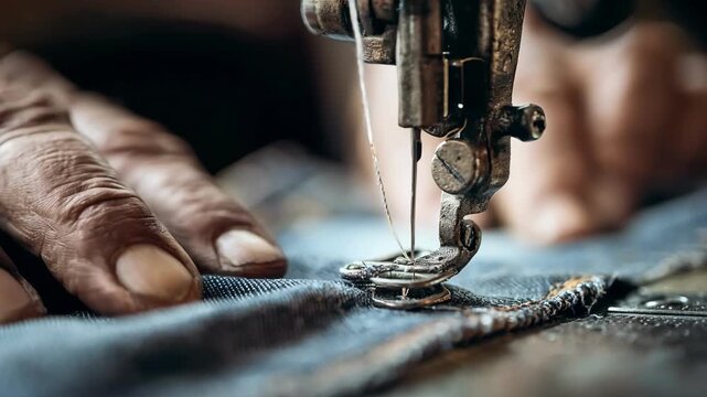 Closeup of a skilled seamstress repairing a torn jacket seam using a vintage sewing machine.