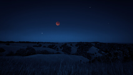 Blue hour time with lunar eclipse, stars and planets above landscape silhouettes. © astrosystem