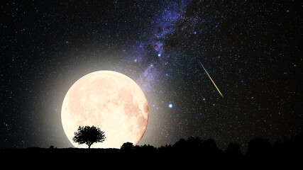 Blue hour time with lunar eclipse, stars and planets above landscape silhouettes. © astrosystem