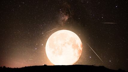 Blue hour time with lunar eclipse, stars and planets above landscape silhouettes. © astrosystem