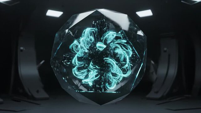 Glowing blue energy core encased in a faceted crystal in a dark scifi chamber
