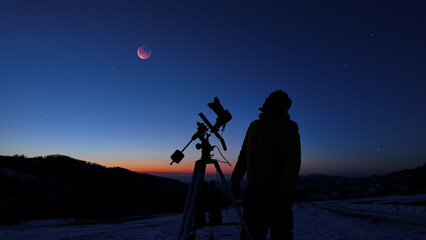 Amateur astronomer observing stars, planets, Moon eclipse and other celestial objects. © astrosystem
