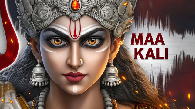 Portrait of hindu goddess maa kali with silver crown and text name
