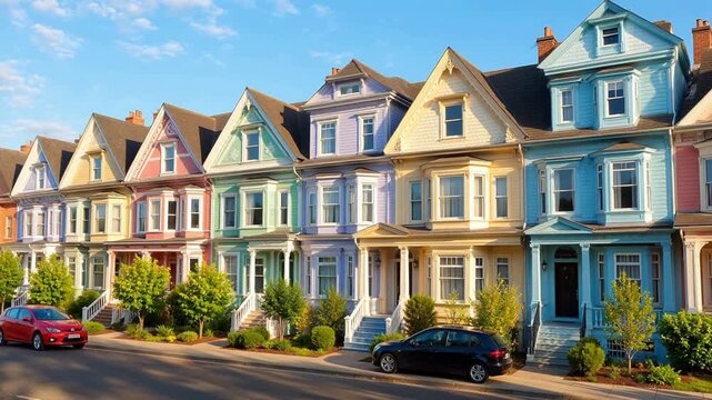 Colorful row houses with parked cars