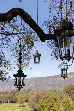 hanging lanterns with view of mountains