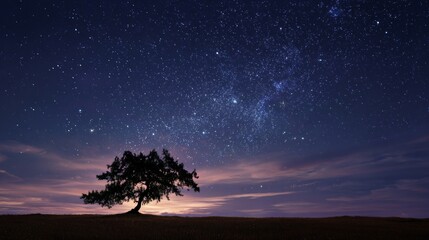 Majestic tree silhouette under a starry night sky with vibrant colors and cosmic beauty