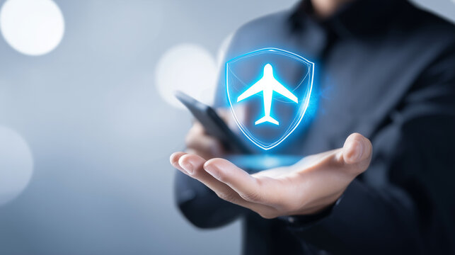 Travel insurance concept photo: close-up of a person in a dark shirt holding a smartphone in one hand while the other hand is open, palm up, presenting a glowing blue holographic s
