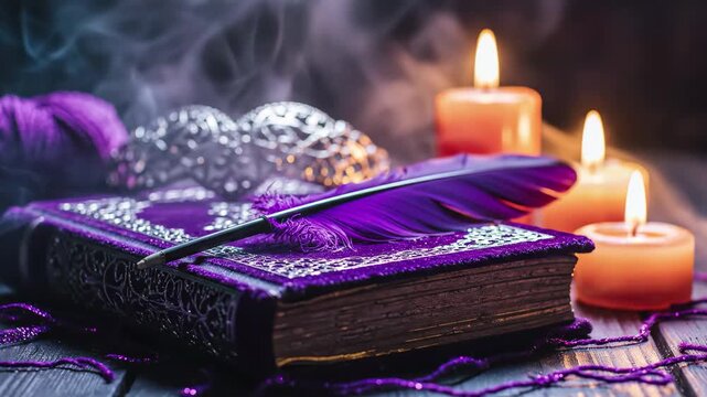 Mystical purple grimoire with quill and burning candles