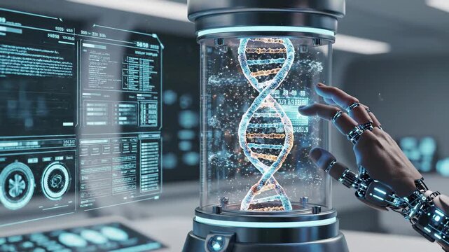 Futuristic laboratory analysis of dna helix with robotic hand and holographic data screens