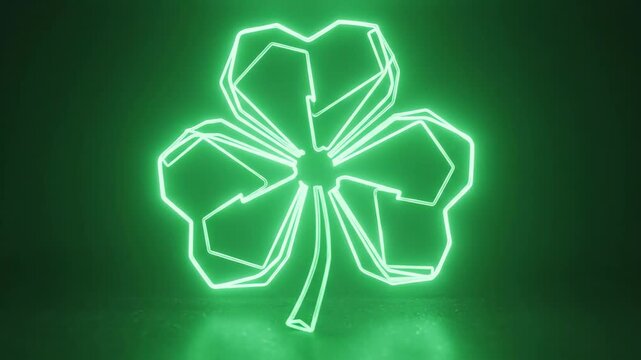 Glowing wireframe shamrock on dark background. Abstract green neon light clover leaf for St Patricks Day celebration.