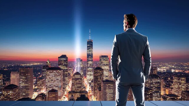 Businessman looking at new york city skyline at night with tribute in light