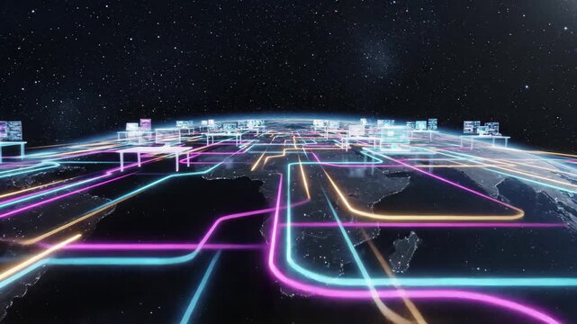 Global network connectivity with glowing data lines over earth map in space
