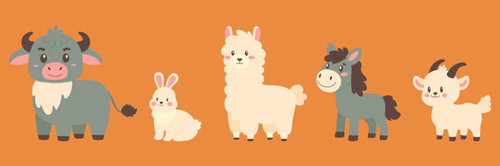 Naklejka premium Cute farm animals set with bull rabbit alpaca donkey and goat vector illustration.