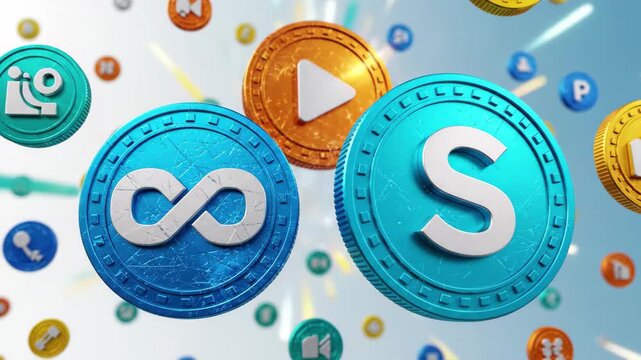 3d render of various cryptocurrency and blockchain tokens floating in motion