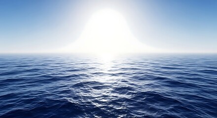Ocean Horizon with Bright Sun - Serene Waterscape, Sunlight Reflection, Blue Sky