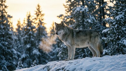 Obraz premium Majestic gray wolf stands alert atop a snow-covered hill amidst a winter forest at sunrise