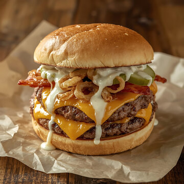 Gourmet Double Bacon Cheeseburger with Creamy Sauce and Crispy Onions