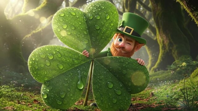 A leprechaun peeking from behind a clover in a magical forest, with the text Kiss me, Im Irish for St. Patricks Day.