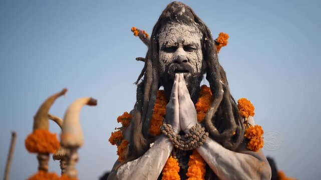 inspired festival portrait during Masan Holi male performer centered, half-to-three-quarter framing, face fully covered with cracked matte ash texture 4K