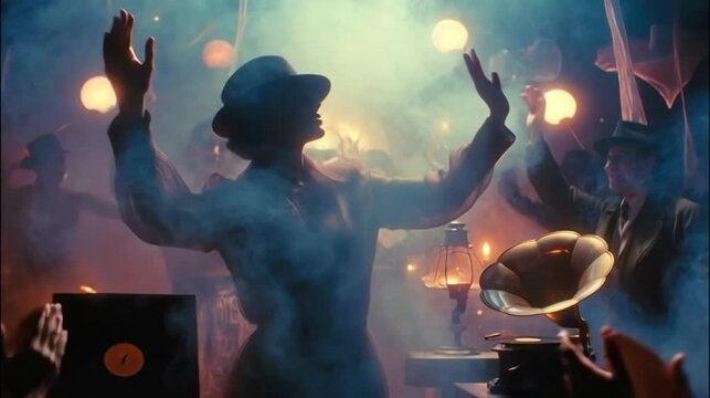 Elegant woman dancing with arms raised in a smoky vintage speakeasy with warm lights, celebrating jazz age nostalgia concept and retro party vibe