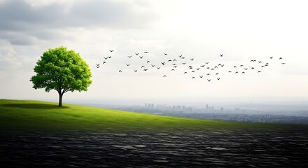 Lone Tree on Green Hill with Birds - Nature, Scenery, Tranquility