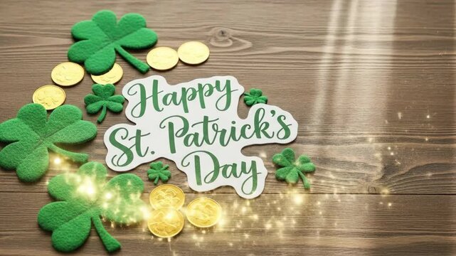 Happy St. Patricks Day greeting card with shamrocks and gold coins, featuring an animated leprechaun playfully peeking from behind a clover.