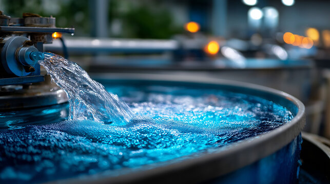 Large wastewater treatment tank with vibrant blue aeration process bubbling vigorously advanced sewage processing technology biological water purification methods environmental