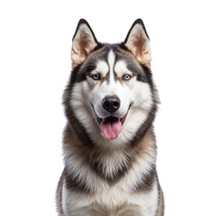 Obraz premium Husky Dog With Blue Eyes Sits Calmly Against a White Background During a Photoshoot Session