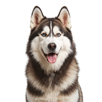 Husky Dog With Blue Eyes Sits Calmly Against a White Background During a Photoshoot Session