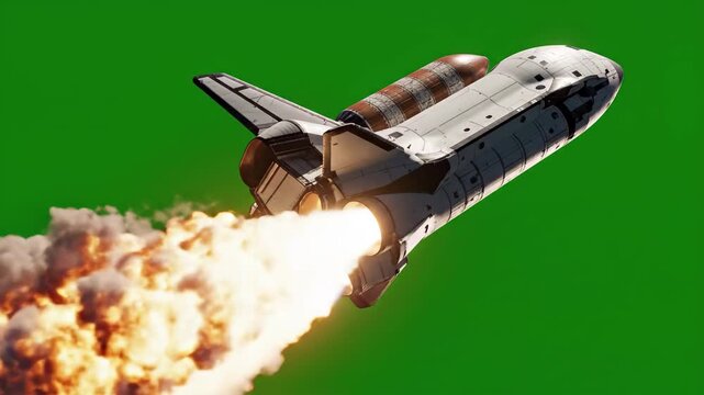 Space shuttle launching with engine fire and smoke against green screen