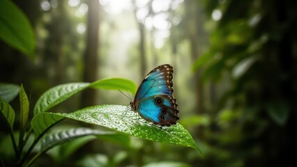 Stunning Blue Morpho Butterfly Resting on a Lush Green Leaf in a Sunlit Forest