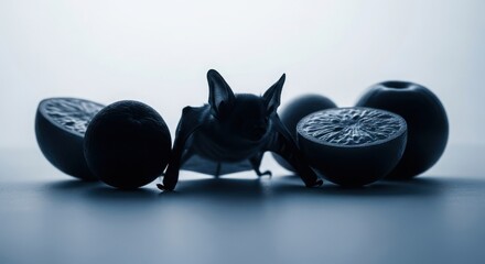 Silhouette of Fruit Bat Among Abstract Fruits in Cool Tones