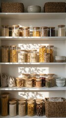 Aesthetic Kitchen Pantry Organization with Glass Jars and Wooden Lids, Sustainable Zero Waste Lifestyle