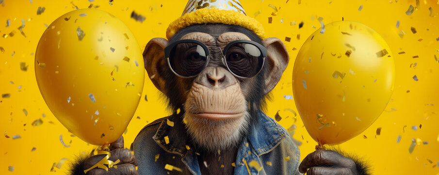 Funny chimpanzee wearing sunglasses and hat, holding happy birthday balloons and confetti explosion flying around greeting card invitation on yellow background with copy space.